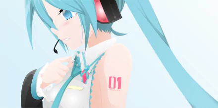 Hatsune Miku (Vocaloid) anime close-up with teal twin-tails, headset and 01 arm mark on a pale blue background — 2K Quad HD PC desktop wallpaper
