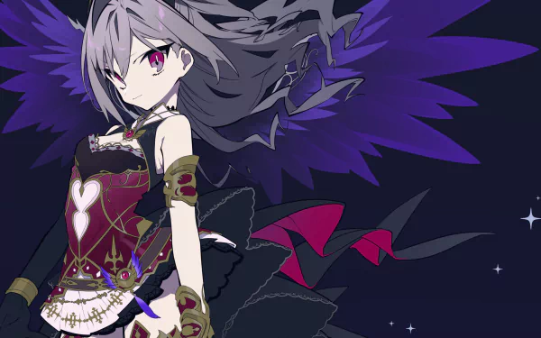 Ranko Kanzaki from The iDOLM@STER Cinderella Girls in a gothic purple dress with bat-like wings, magenta eyes and flowing gray hair against a starry navy sky — 4K Ultra HD PC desktop wallpaper.