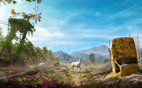 A vibrant 8K Ultra HD PC wallpaper from the video game Far Cry New Dawn, depicting a post-apocalyptic landscape with lush vegetation, wildlife, and remnants of civilization.