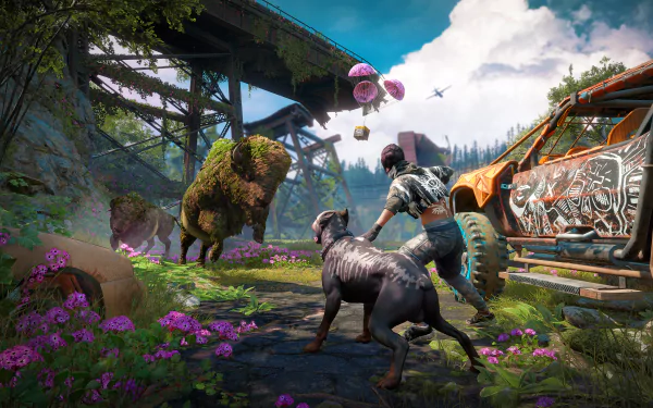 Far Cry New Dawn 4K Ultra HD PC desktop wallpaper: player and dog face two mutant bison by a graffitied vehicle under an overgrown bridge amid vivid purple wildflowers.