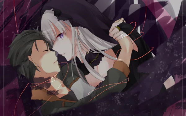HD PC desktop wallpaper featuring Subaru Natsuki and Satella from the anime Re:Zero - Starting Life in Another World in an intimate, close embrace.