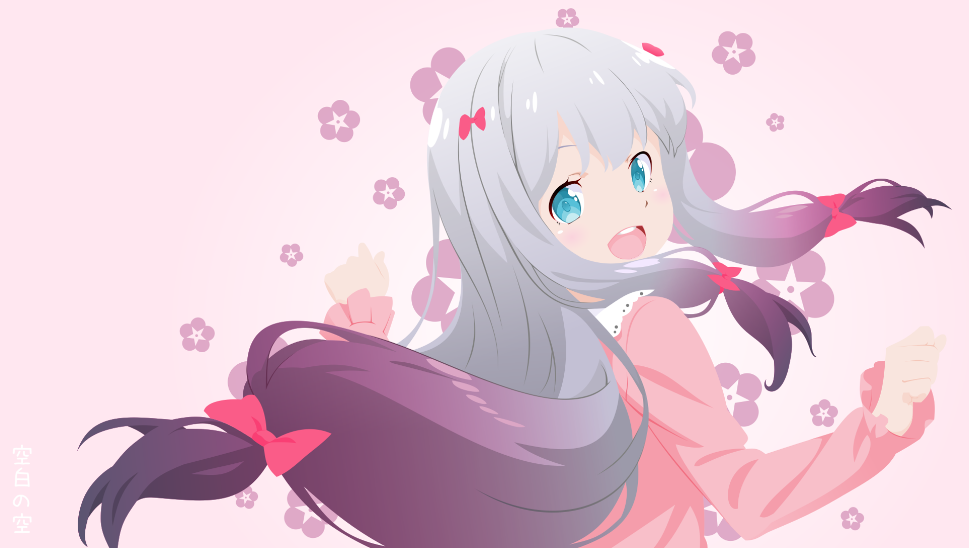 HD PC desktop wallpaper featuring Sagiri Izumi from the anime EroManga-Sensei, with pastel pink tones and floral accents.