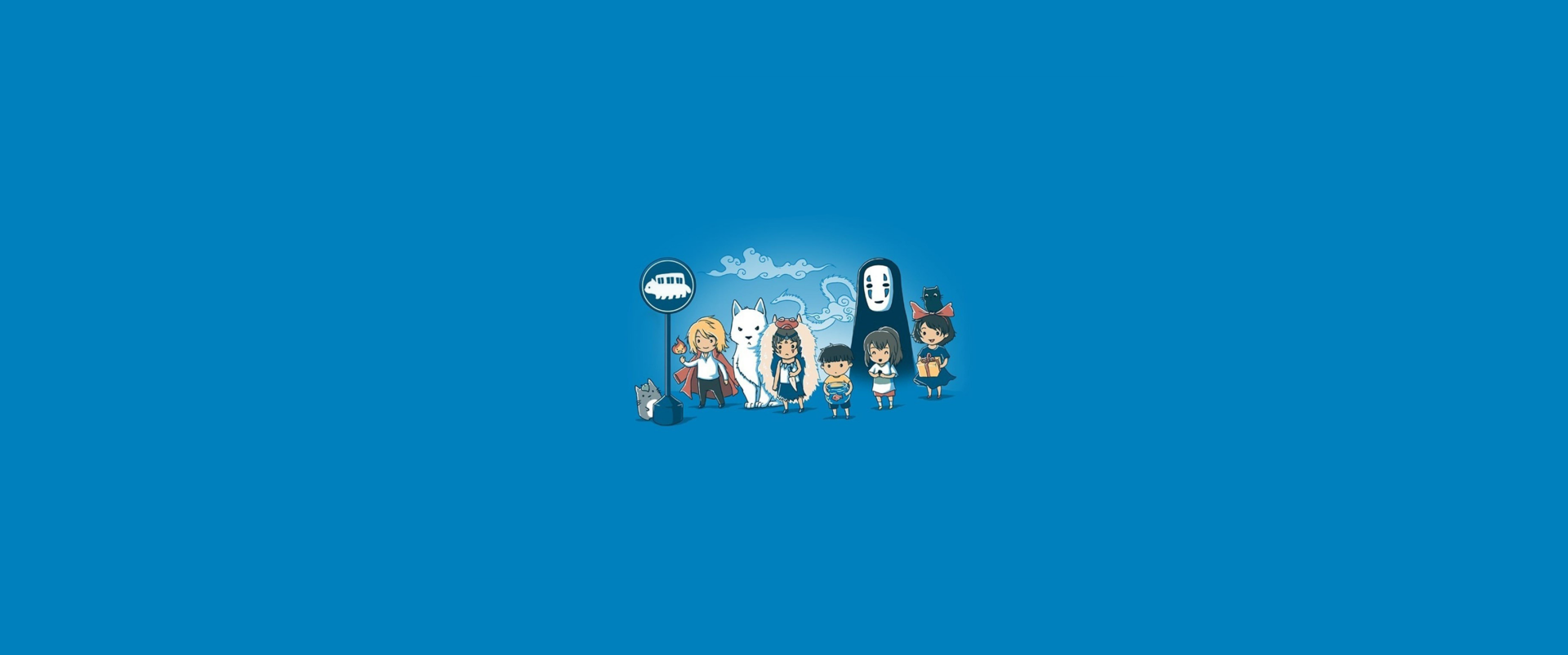 HD desktop wallpaper featuring chibi-style characters from Studio Ghibli films including My Neighbor Totoro, Howl's Moving Castle, Spirited Away, Ponyo, Kiki's Delivery Service, and Princess Mononoke.