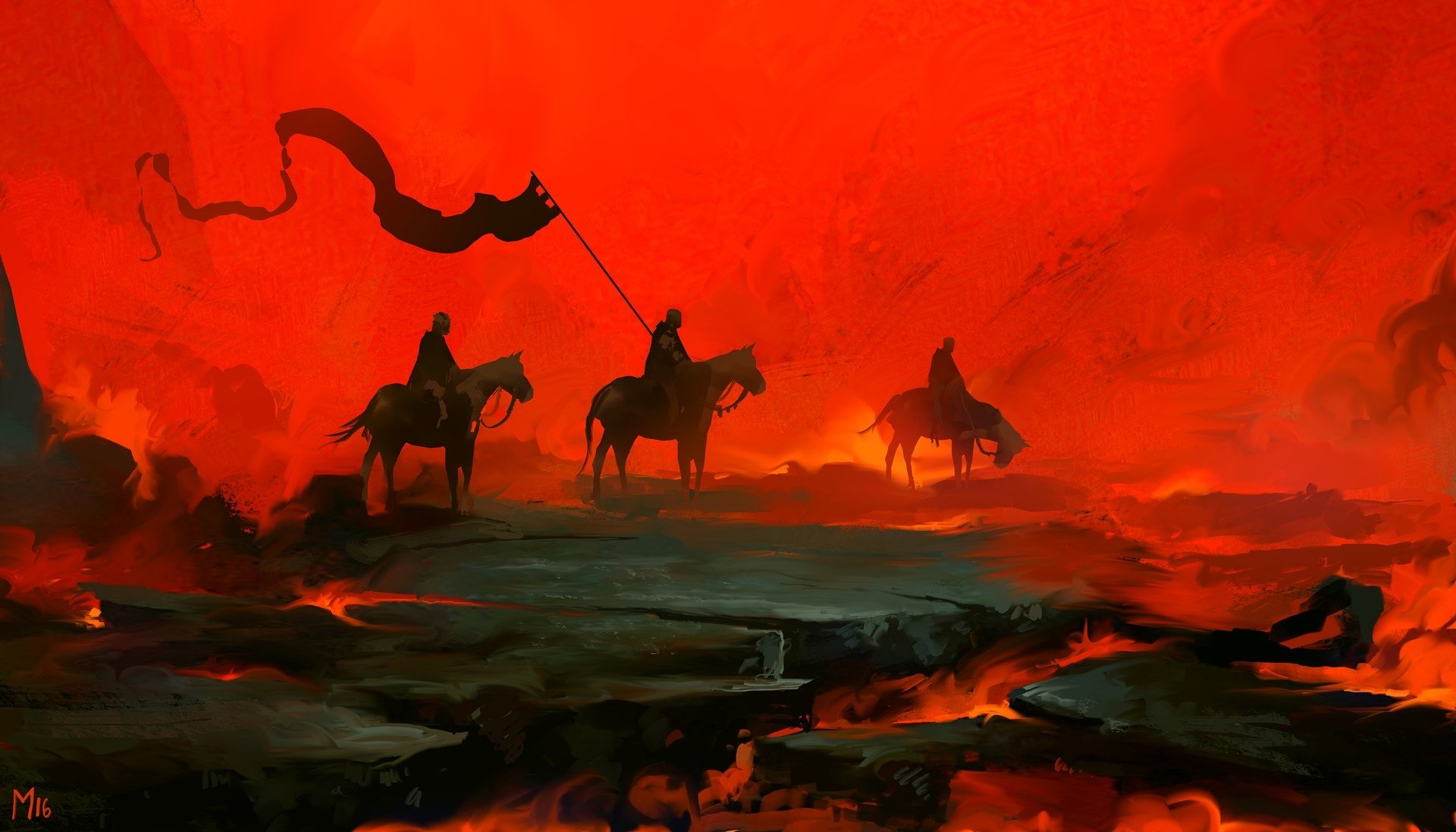A fantasy warrior on horseback holds a banner against a fiery red background, set in a dramatic, otherworldly landscape. HD PC desktop wallpaper.