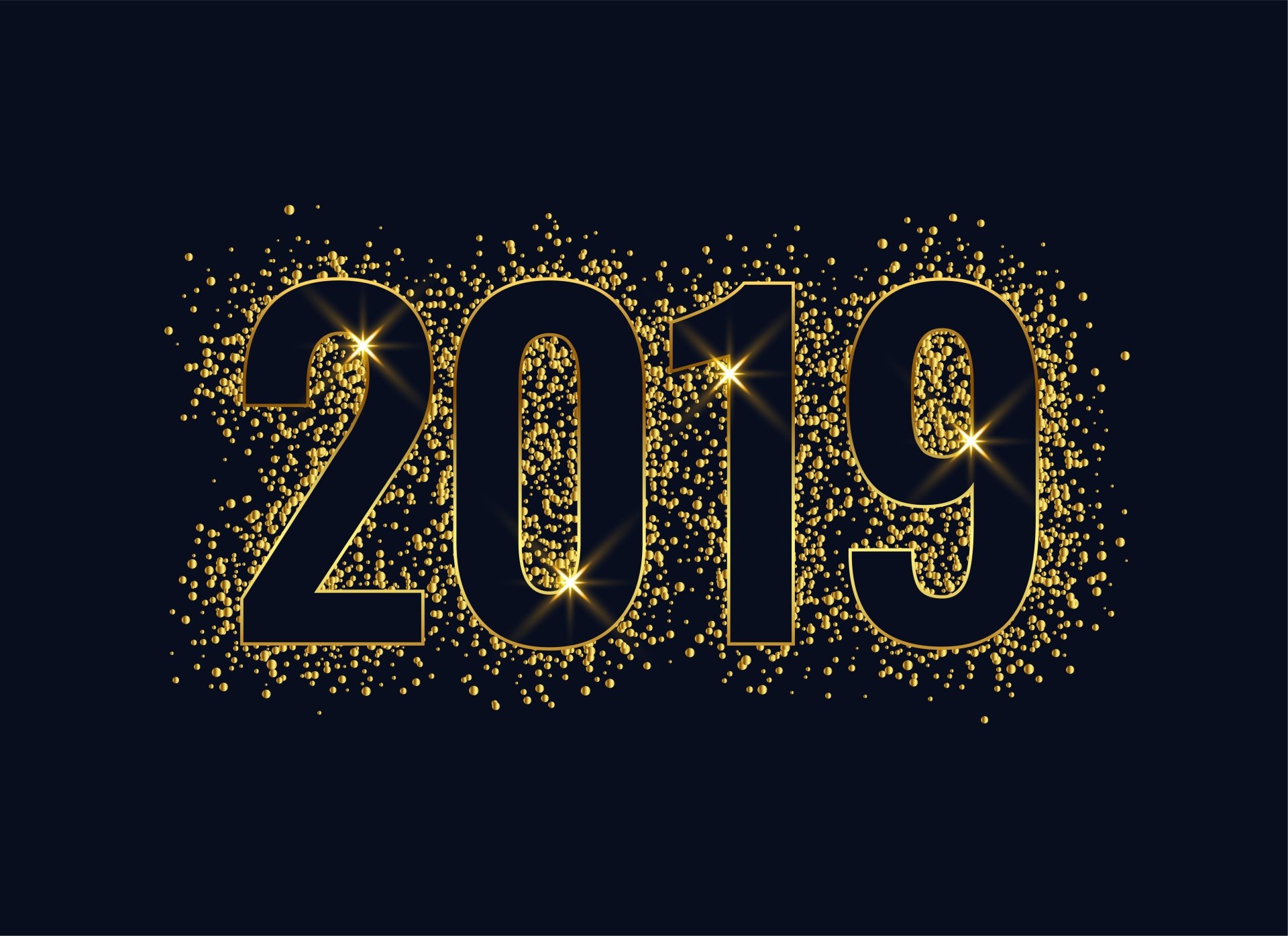 Golden 2019 sparkling with glitter on a dark background, designed as a 4K Ultra HD New Year 2019 holiday desktop wallpaper.
