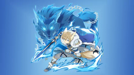 HD PC wallpaper featuring Eugeo from the anime Sword Art Online: Alicization, depicted with a glowing blue wolf spirit and wielding his sword in dynamic action.
