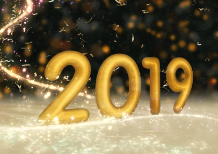 Holiday New Year 2019 5K Ultra HD PC Desktop wallpaper and background — golden 2019 numerals on a glittering snowy surface with confetti and sparkling bokeh.