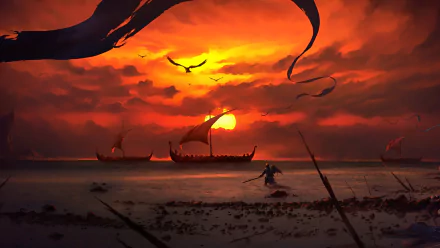 HD fantasy PC wallpaper depicting a warrior approaching a drakkar ship at sunset, with fiery skies and a bird soaring above the calm sea.