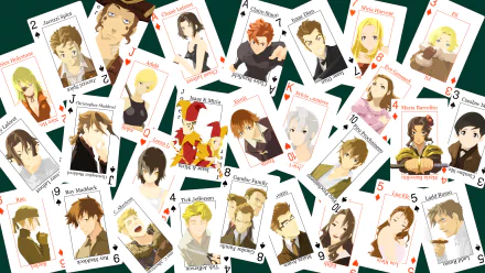 4K Ultra HD PC wallpaper featuring playing cards with characters from the anime Baccano!, each card showcasing distinct character portraits and names.