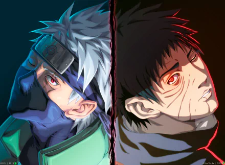 HD wallpaper featuring Kakashi Hatake and Obito Uchiha from the anime Naruto, showcasing their contrasting expressions against a split background.