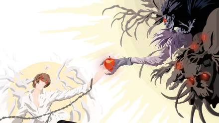 glowing eyes chain black hair brown hair shinigami smile red eyes apple Ryuk (Death Note) Light Yagami Kira (Death Note) Anime Death Note HD Desktop Wallpaper | Background Image