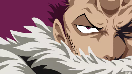 Close-up 4K Ultra HD anime wallpaper of Charlotte Katakuri from One Piece, showcasing his intense gaze and distinctive fur collar against a deep purple background.