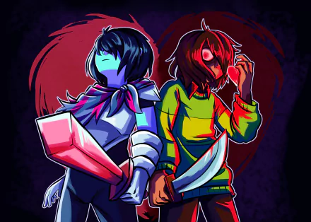 HD desktop wallpaper featuring Kris from Deltarune and Chara from Undertale, both holding weapons against a dark, intense background.