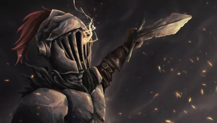 HD anime desktop wallpaper featuring Goblin Slayer raising his sword amidst sparks and shadows in a dark, intense atmosphere.