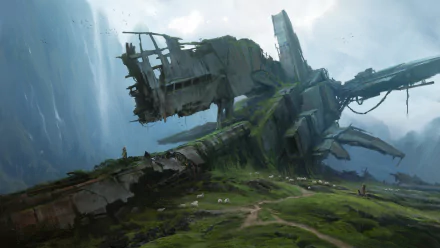 HD desktop wallpaper featuring a Sci-Fi wrecked spaceship in a vast, green landscape with a misty, mountainous backdrop.
