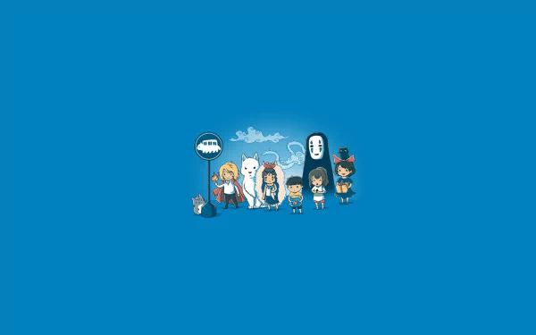 HD desktop wallpaper featuring chibi-style characters from Studio Ghibli films including My Neighbor Totoro, Howl's Moving Castle, Spirited Away, Ponyo, Kiki's Delivery Service, and Princess Mononoke.
