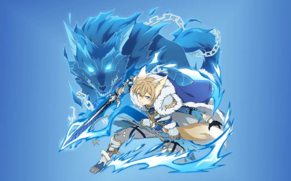 HD PC wallpaper featuring Eugeo from the anime Sword Art Online: Alicization, depicted with a glowing blue wolf spirit and wielding his sword in dynamic action.
