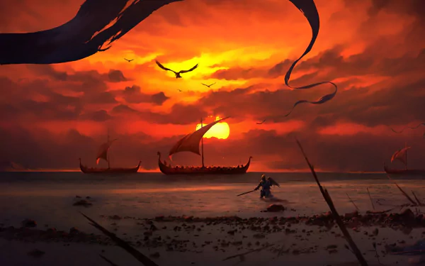 HD fantasy PC wallpaper depicting a warrior approaching a drakkar ship at sunset, with fiery skies and a bird soaring above the calm sea.