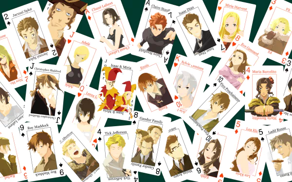 4K Ultra HD PC wallpaper featuring playing cards with characters from the anime Baccano!, each card showcasing distinct character portraits and names.