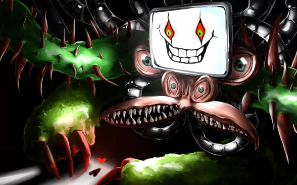 Omega Flowey from Undertale snarling with a TV-face, multiple eyes, jagged teeth and green tentacles amid mechanical limbs — 4K Ultra HD PC desktop wallpaper, video game art