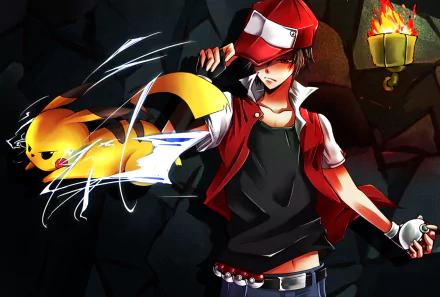 HD PC desktop wallpaper of Pokémon trainer Red with Pikachu launching an electric attack, from the Pokémon video game Pokémon: Red and Blue.