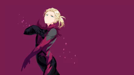 Yuri Plisetsky from the anime Yuri!!! on ICE in a dynamic pose against a maroon background, 4K Ultra HD PC desktop wallpaper.