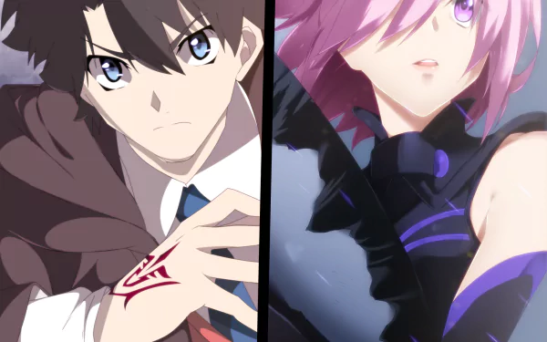 HD anime desktop wallpaper featuring Ritsuka Fujimaru and Mashu Kyrielight (Shielder) from Fate/Grand Order in dynamic poses with vibrant colors.