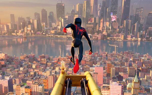 Miles Morales as Spider-Man overlooks the vibrant New York City skyline in an HD desktop wallpaper from the movie Spider-Man: Into The Spider-Verse.
