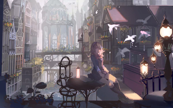Anime-style artwork featuring a blonde-haired character sitting in a picturesque town with lanterns and birds. The HD wallpaper captures a serene and magical atmosphere.