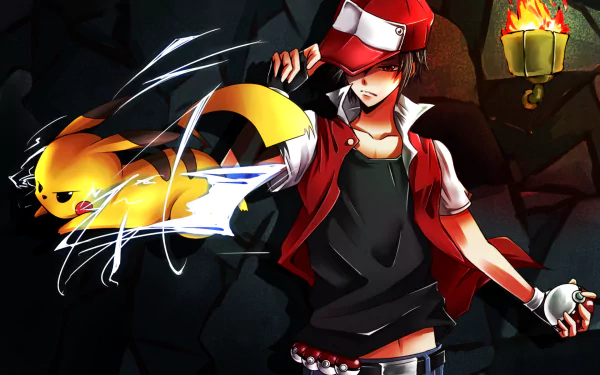 HD PC desktop wallpaper of Pokémon trainer Red with Pikachu launching an electric attack, from the Pokémon video game Pokémon: Red and Blue.