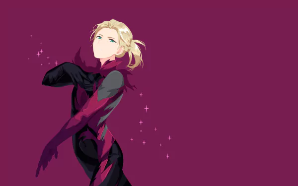 Yuri Plisetsky from the anime Yuri!!! on ICE in a dynamic pose against a maroon background, 4K Ultra HD PC desktop wallpaper.