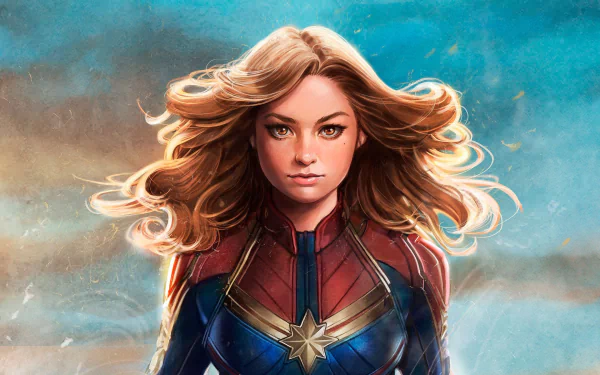 HD comic-style PC desktop wallpaper of Captain Marvel (Carol Danvers): blonde hair, orange eyes, star-emblazoned suit, wind-swept portrait against a cosmic sky background.