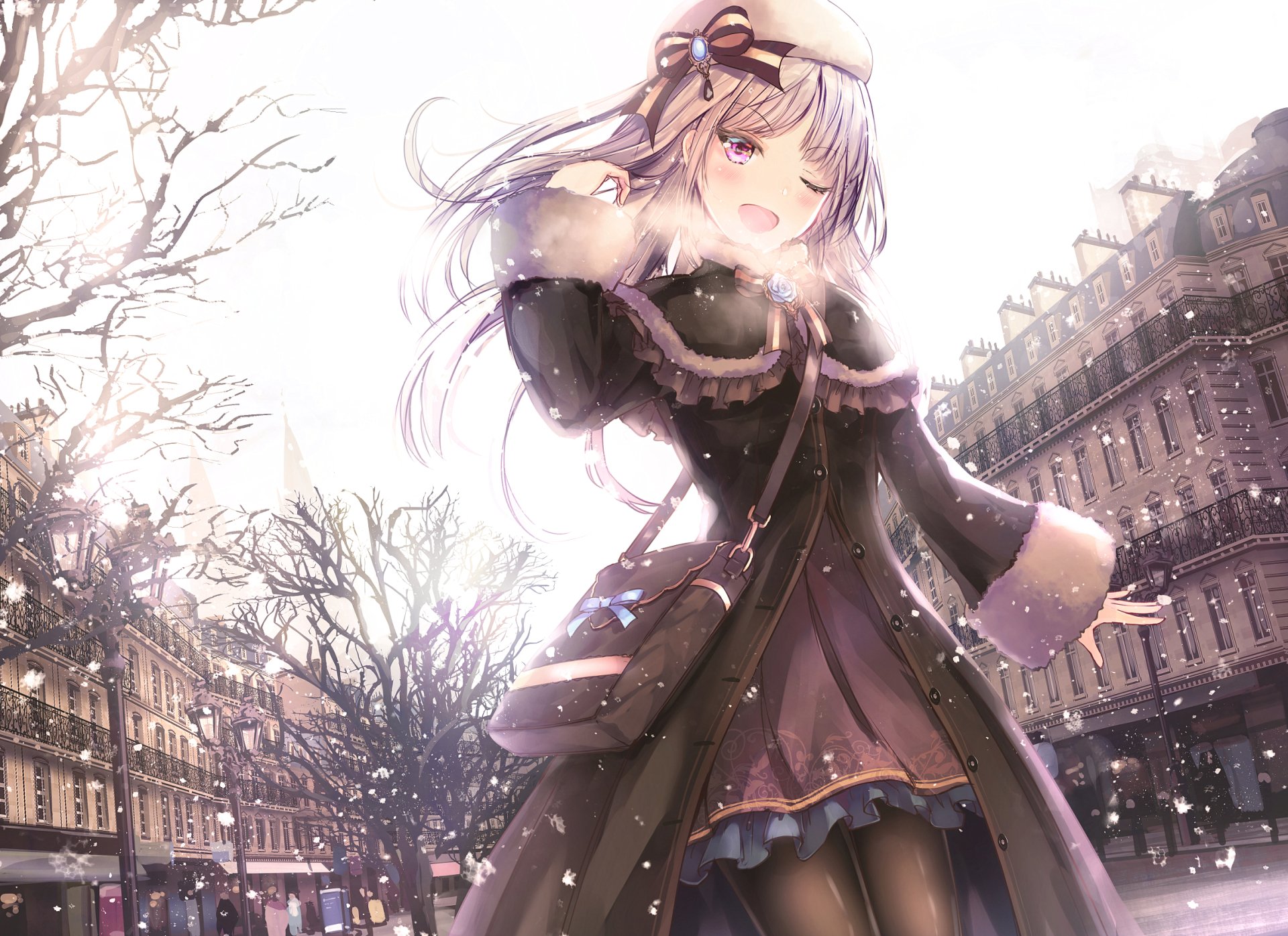 HD wallpaper featuring an anime girl with long blonde hair, pink eyes, and a wink, dressed warmly with a hat, coat, and bag, standing in a snowy cityscape. A bow adorns her clothing.