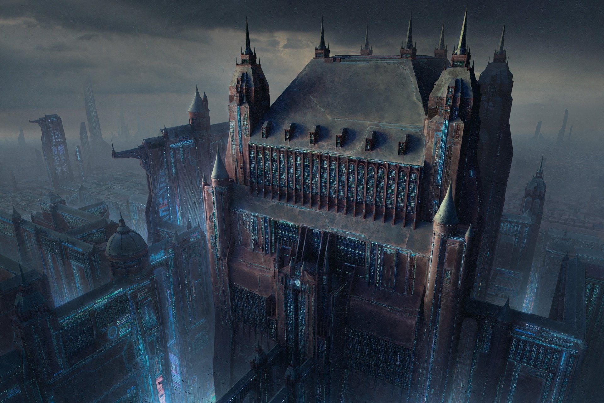 Futuristic sci-fi cityscape featuring a towering, dark building with glowing blue accents, rendered in HD for a striking PC desktop wallpaper and background.