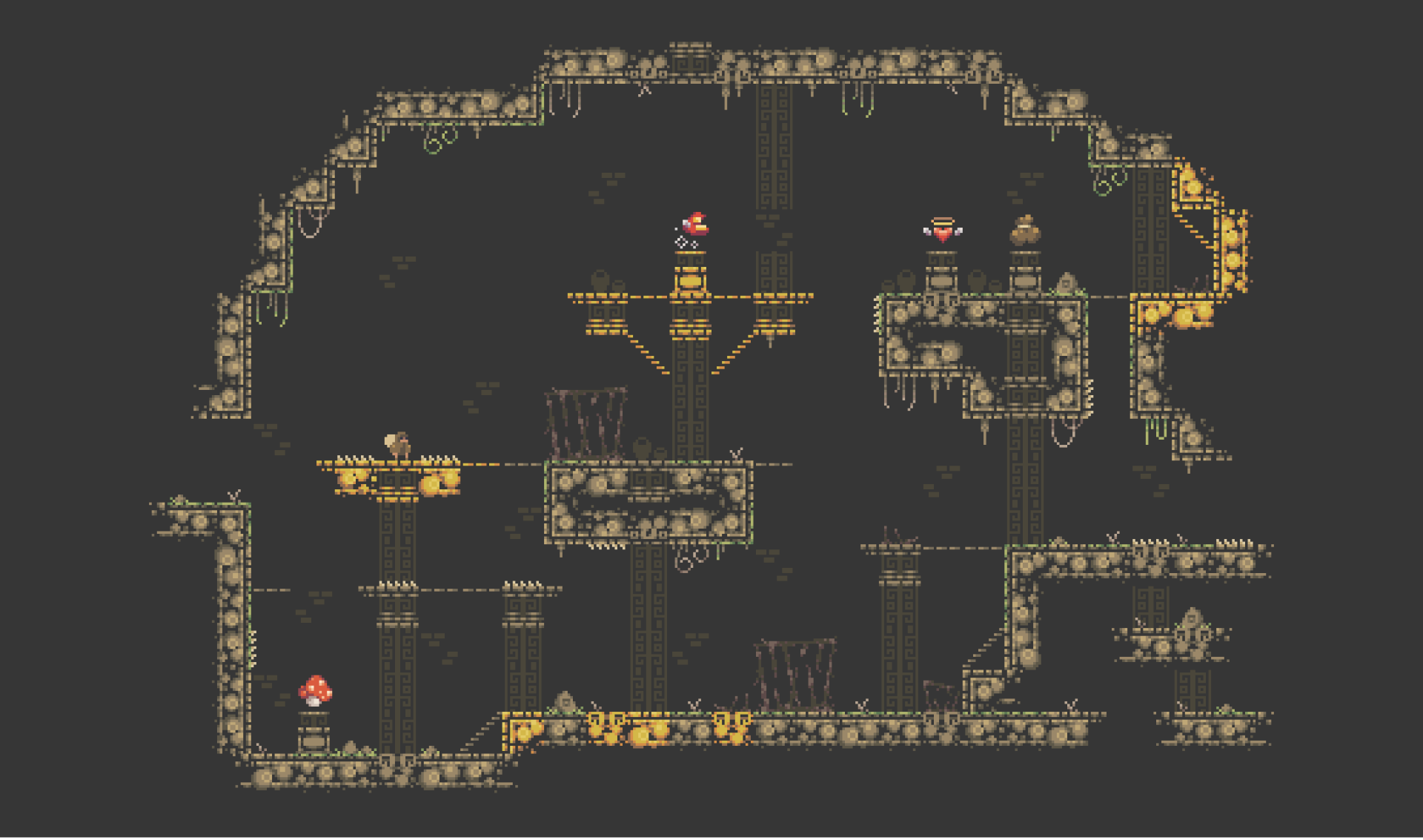Artistic pixel art depicting a dark, underground dungeon scene with platforms and red mushrooms, designed as a 4K Ultra HD PC desktop wallpaper and background.