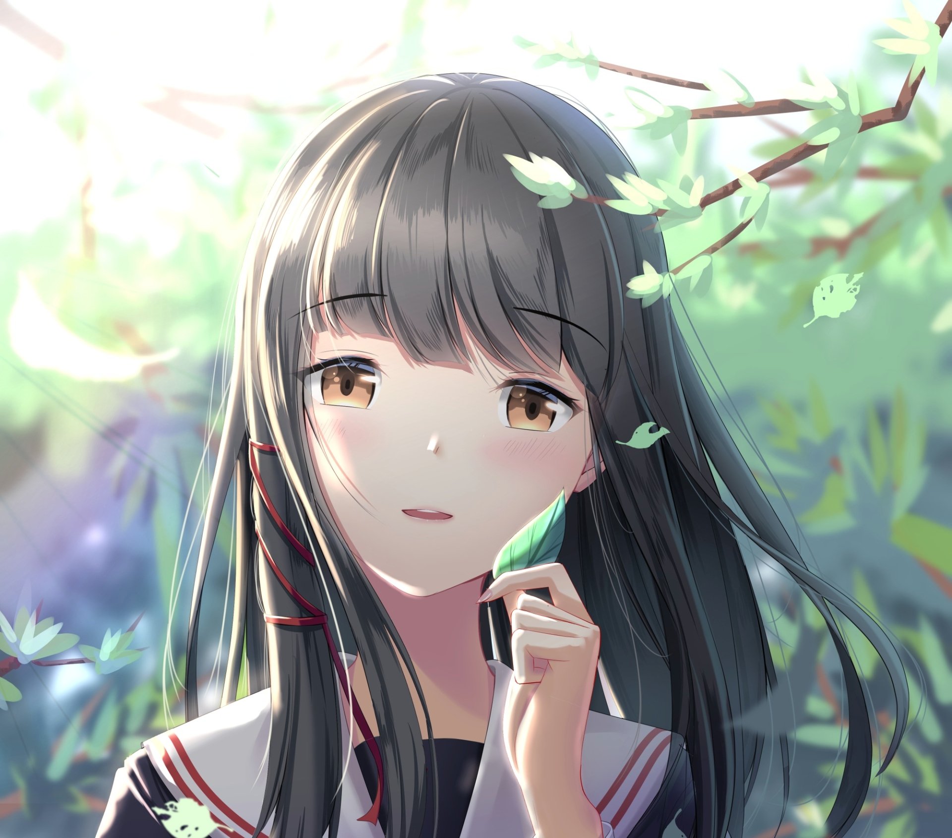 HD desktop wallpaper featuring an original anime character with long black hair and brown eyes, holding a leaf against a backdrop of lush, green foliage and sunlight filtering through the branches.