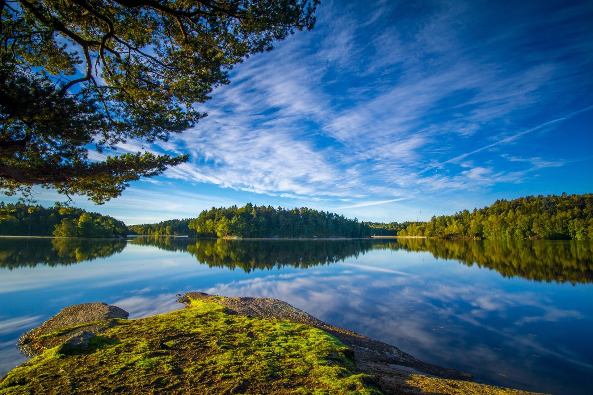4K Ultra HD desktop wallpaper showcasing a serene lake reflecting lush green trees and a vibrant blue sky, capturing the beauty of nature.