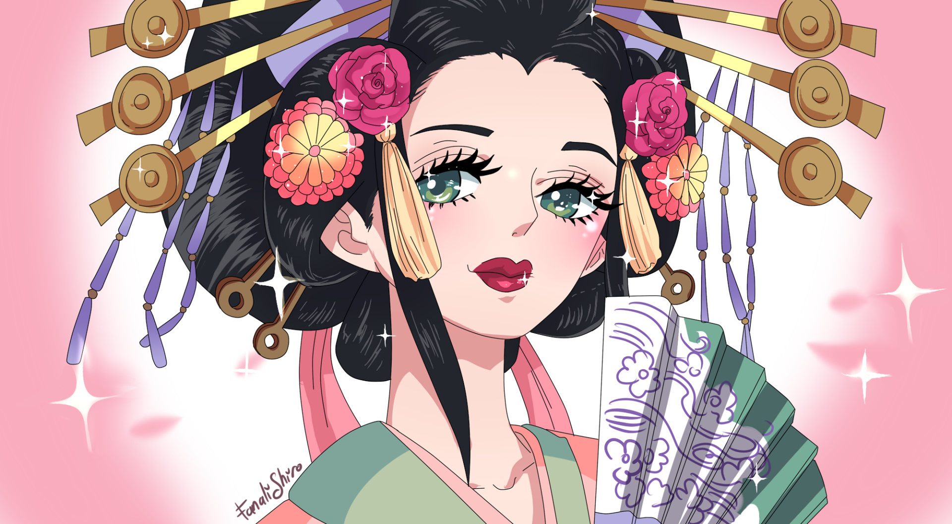 Komurasaki (One Piece) anime HD PC desktop wallpaper — ornate geisha-style portrait with fan, floral kanzashi headdress and pink sparkling background.