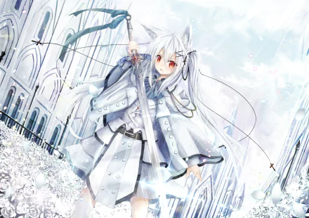 Anime-style character with long white hair, red eyes, and pointed ears, holding a sword amidst white flowers, set against a bright, detailed cathedral background.