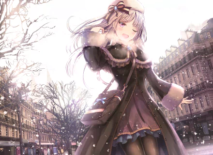 HD wallpaper featuring an anime girl with long blonde hair, pink eyes, and a wink, dressed warmly with a hat, coat, and bag, standing in a snowy cityscape. A bow adorns her clothing.