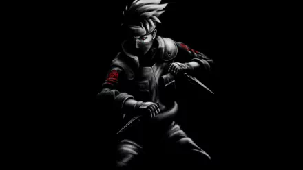 HD wallpaper of Kakashi Hatake from Naruto in a dark anime style. Kakashi is depicted in his ninja attire, eyes piercing through the shadows, holding kunai with a stoic expression against a black background.