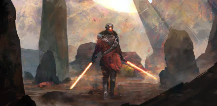 HD PC desktop wallpaper featuring a Sith warrior wielding dual lightsabers in a sci-fi crossover between Star Wars and Destiny video game universes.