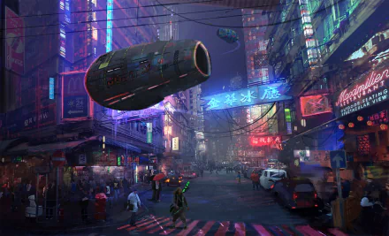 HD desktop wallpaper featuring a vibrant cyberpunk cityscape at night, adorned with colorful neon signs, busy streets, and futuristic flying vehicles.