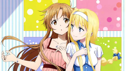 HD anime desktop wallpaper featuring Alice Zuberg and Asuna Kagurazaka from Sword Art Online: Alicization with colorful, polka-dotted background.