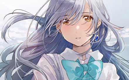 Hitomi Tsukishiro from Iroduku: The World in Colors — anime HD desktop wallpaper, close-up with silver hair, amber eyes, and a teal bow.