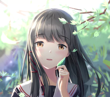 HD desktop wallpaper featuring an original anime character with long black hair and brown eyes, holding a leaf against a backdrop of lush, green foliage and sunlight filtering through the branches.
