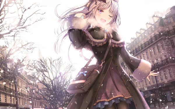 HD wallpaper featuring an anime girl with long blonde hair, pink eyes, and a wink, dressed warmly with a hat, coat, and bag, standing in a snowy cityscape. A bow adorns her clothing.