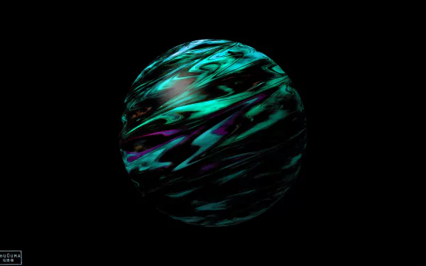 Abstract sphere with swirling teal, purple and black textures against a deep black backdrop — 4K Ultra HD PC desktop wallpaper and background.