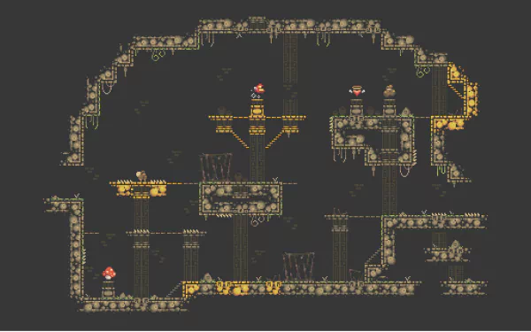 Artistic pixel art depicting a dark, underground dungeon scene with platforms and red mushrooms, designed as a 4K Ultra HD PC desktop wallpaper and background.