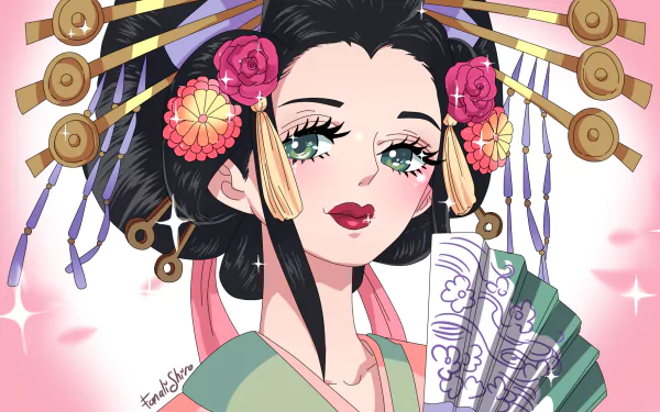 Komurasaki (One Piece) anime HD PC desktop wallpaper — ornate geisha-style portrait with fan, floral kanzashi headdress and pink sparkling background.